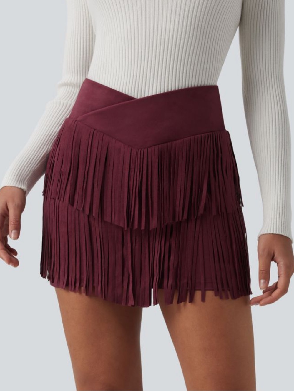 Crossover High Waisted 2-in-1 Fringed Mini Skirt